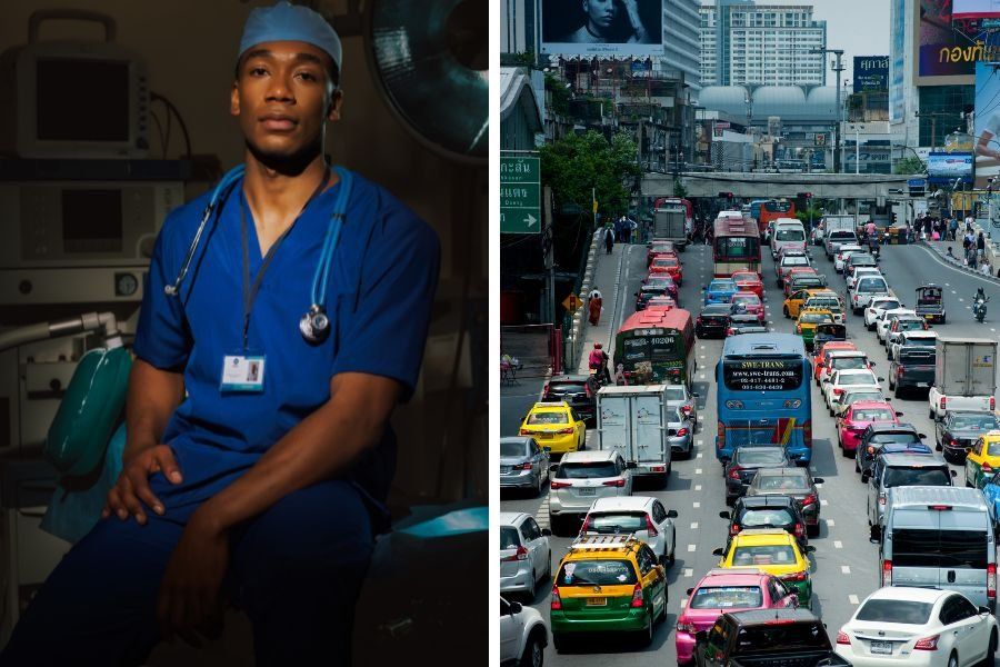 car accident; med school student; man runs through traffic; man leaves exam to save girlfriend; love story