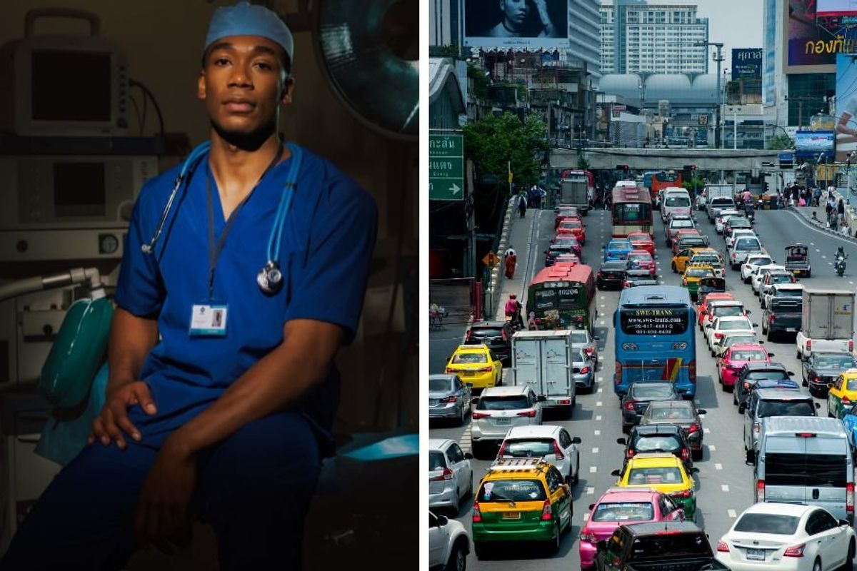 car accident; med school student; man runs through traffic; man leaves exam to save girlfriend; love story