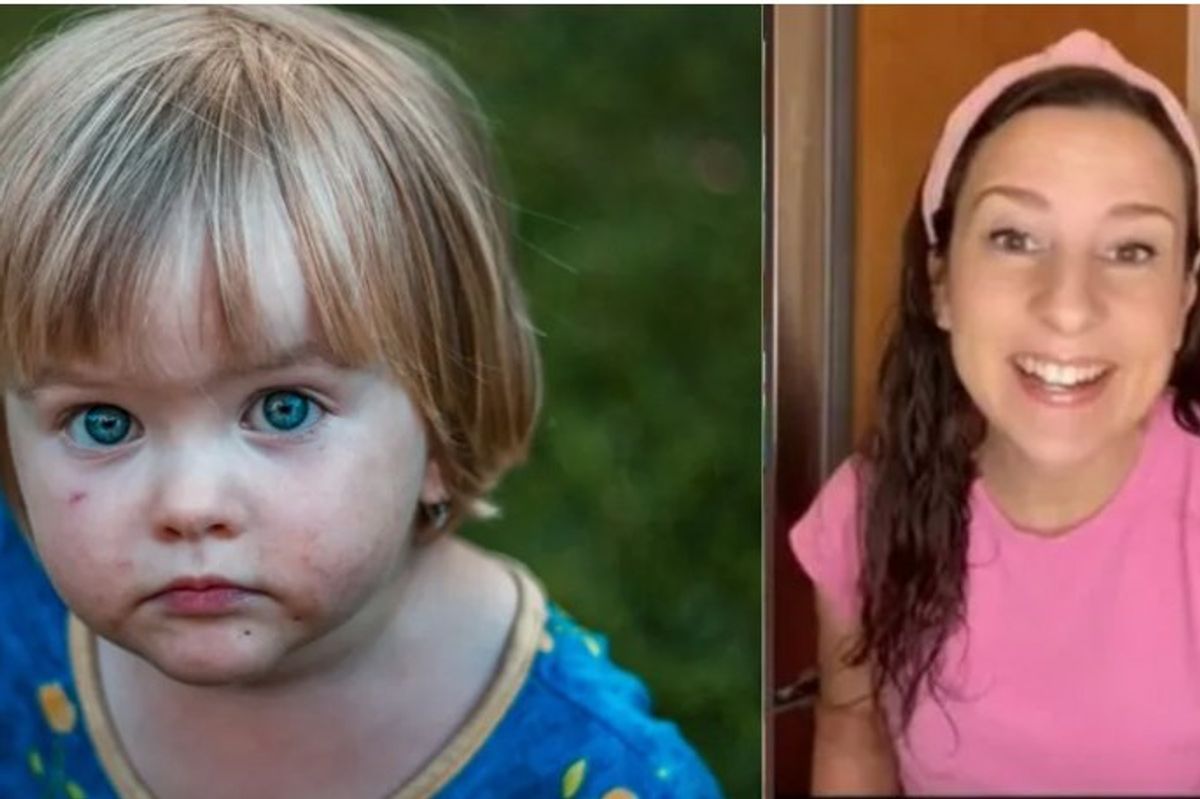 Closeup of a blond baby outdoors; YouTube personality Miss Rachel