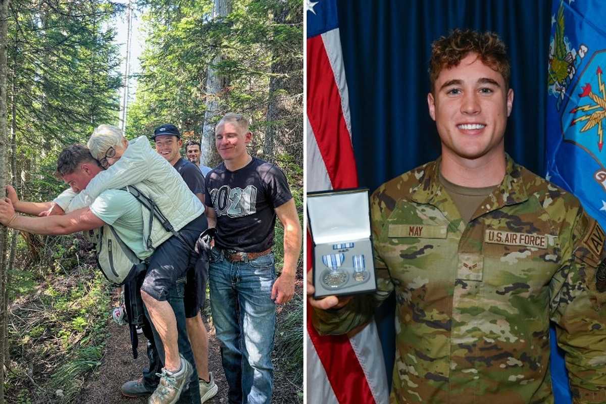 woman on man's back on a trail, Airman holding medal of achievement
