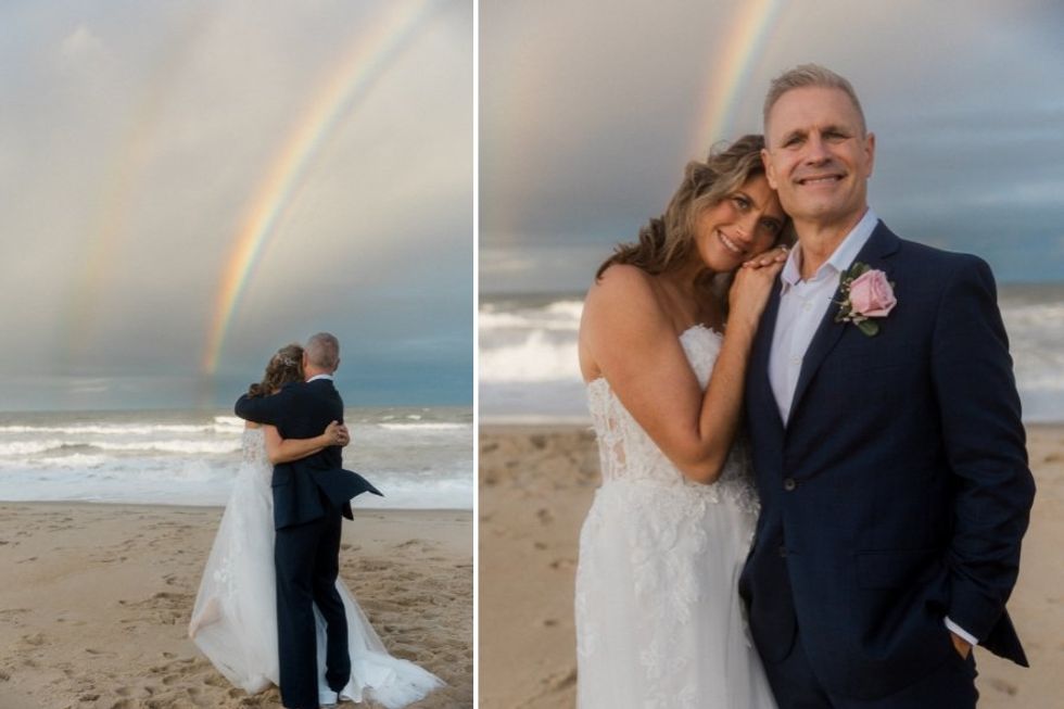 Couple who met in a widowed spouse grief group awed by double rainbow at their wedding