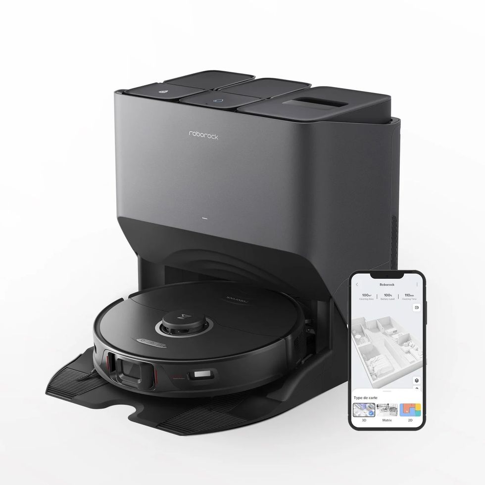 product shot of Roborock S8 Pro Ultra robot vacuum and mop with smartphone showing roborock app