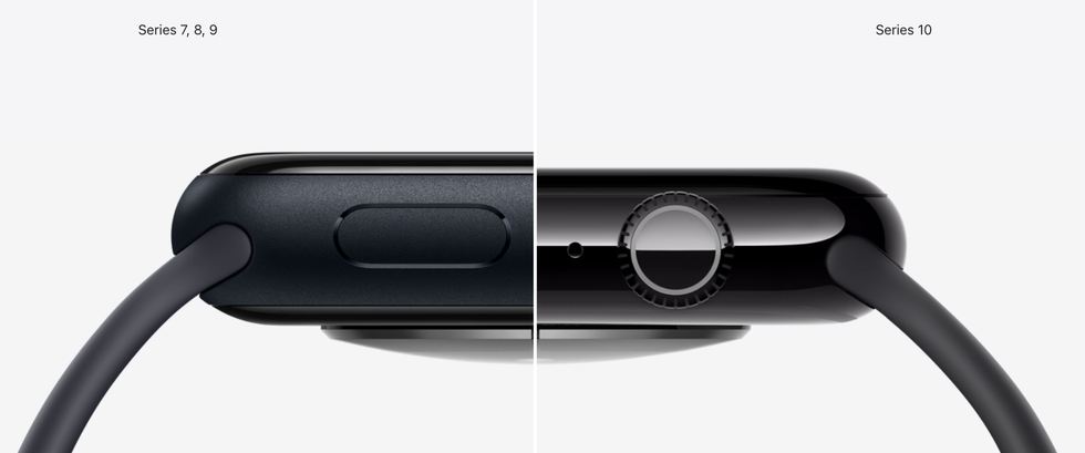 a photo of Apple Watch 10 being compared with the size of Apple Watch 7,8, and 9