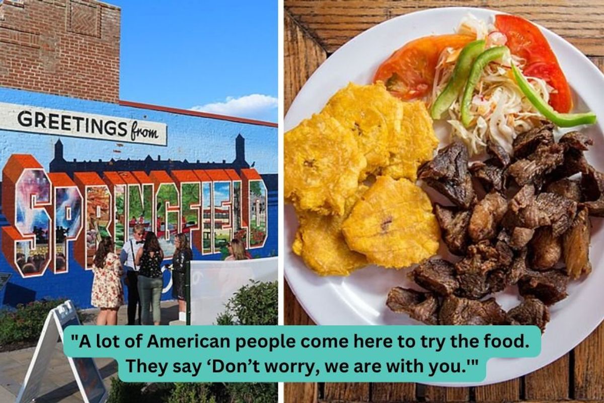 Greetings from Springfield sign, traditional Haitian dish