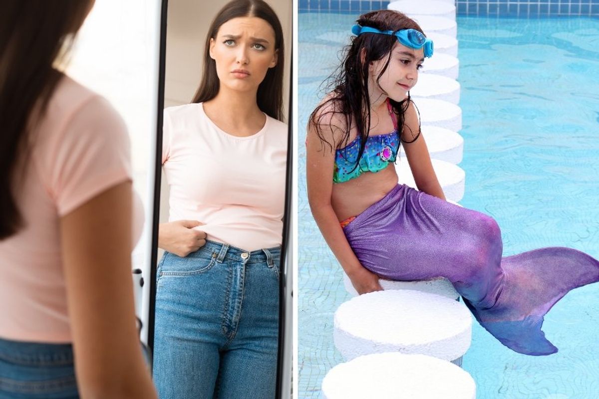 woman looking in the mirror pinching her waist, girl in mermaid legs at the pool