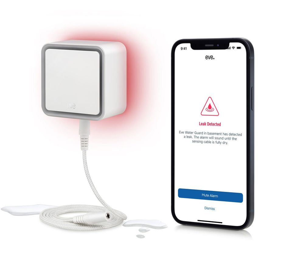 a photo of Eve Water Guard with a smartphone showing their app alerting user a leak has been detected.