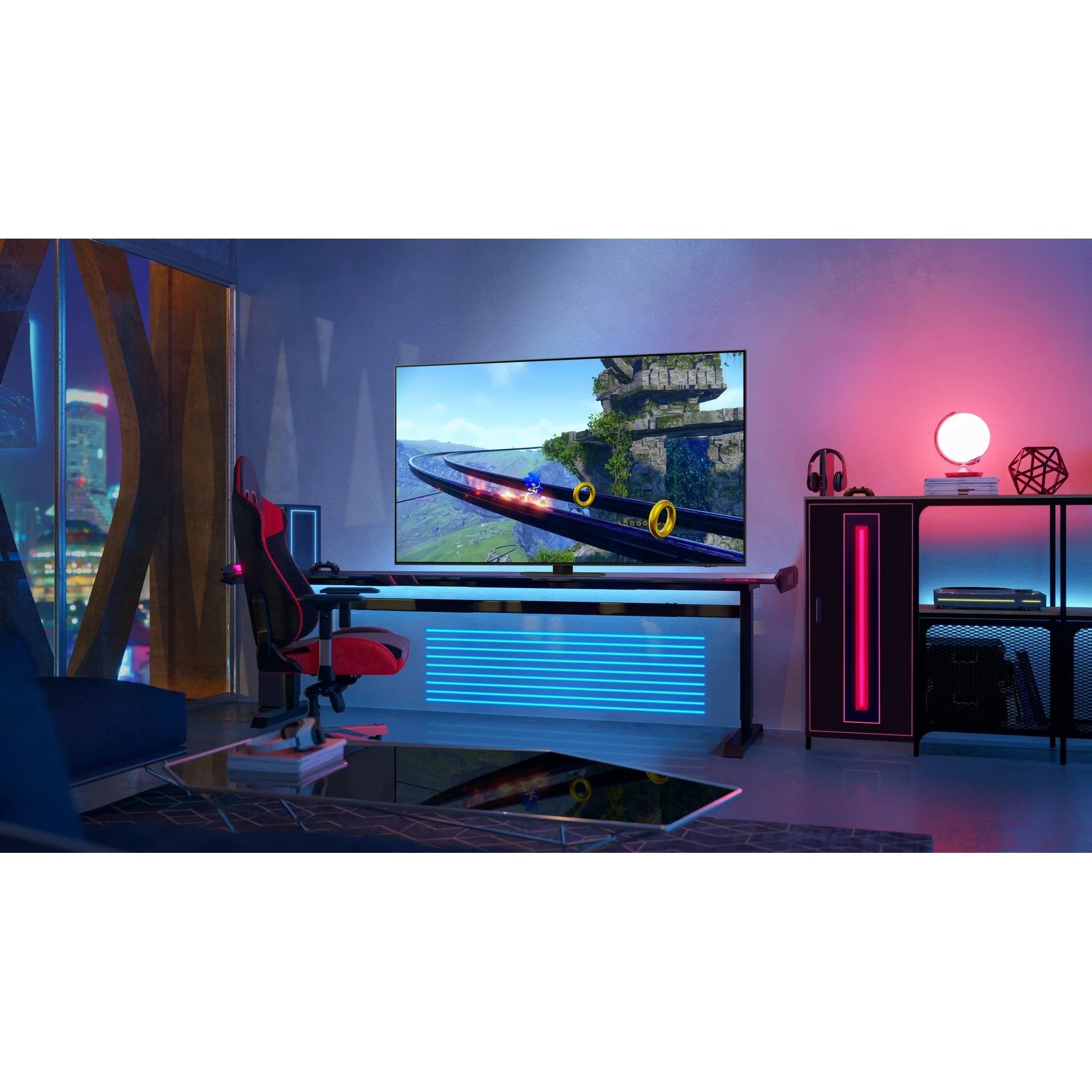 a photo of Samsung 55 inch Neo QLED Smart TV in a room with other consumers electronics