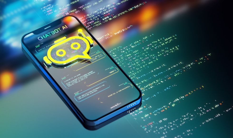 Chatbot powered by AI. Transforming Industries and customer service. Yellow chatbot icon over smart phone in action. Modern 3D render stock photo