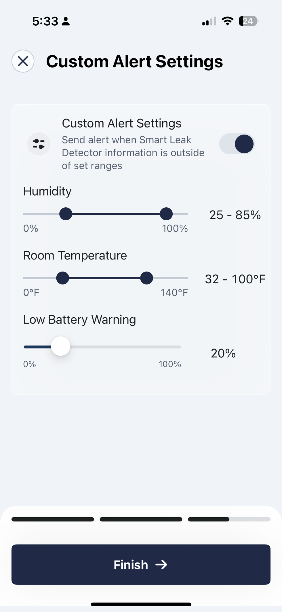 Screenshot of moen app showing customized settings for Moen Smart Leak Detector