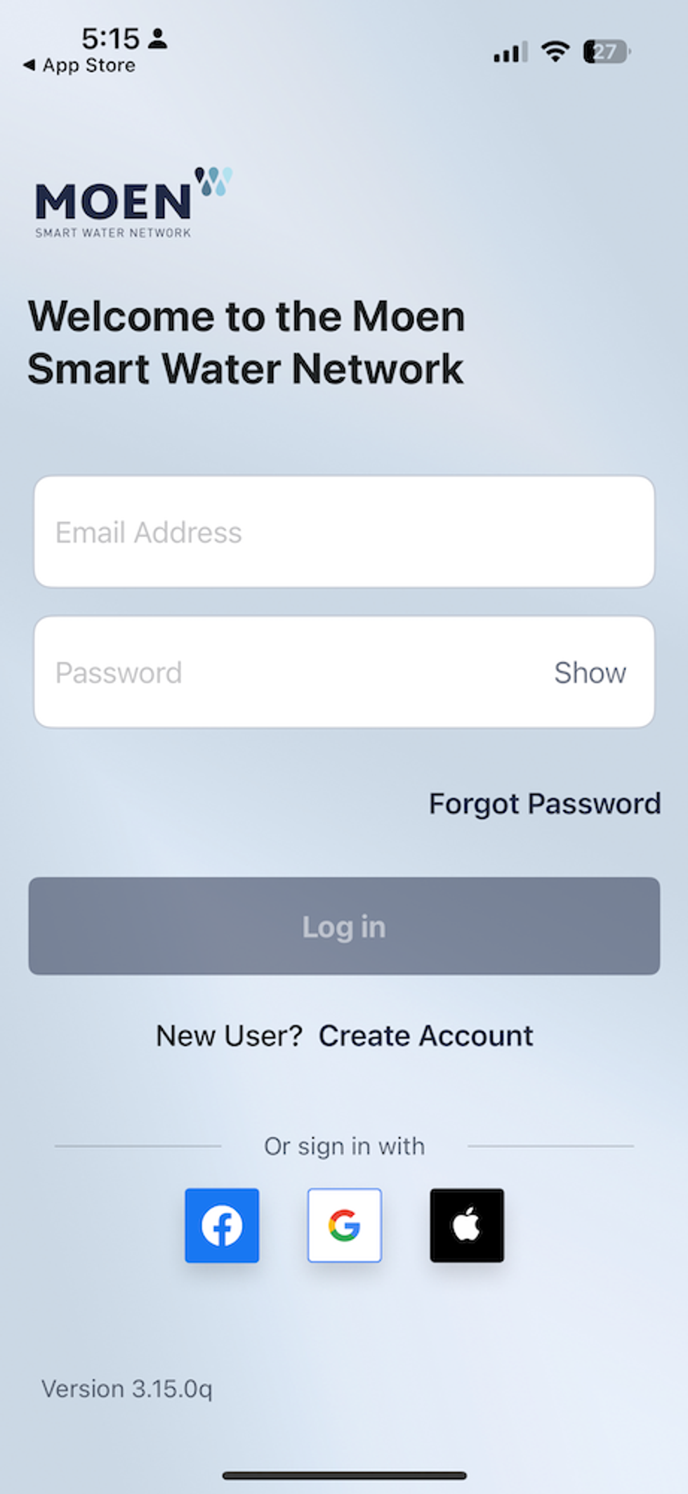 Screen shot of create an account in Moen App
