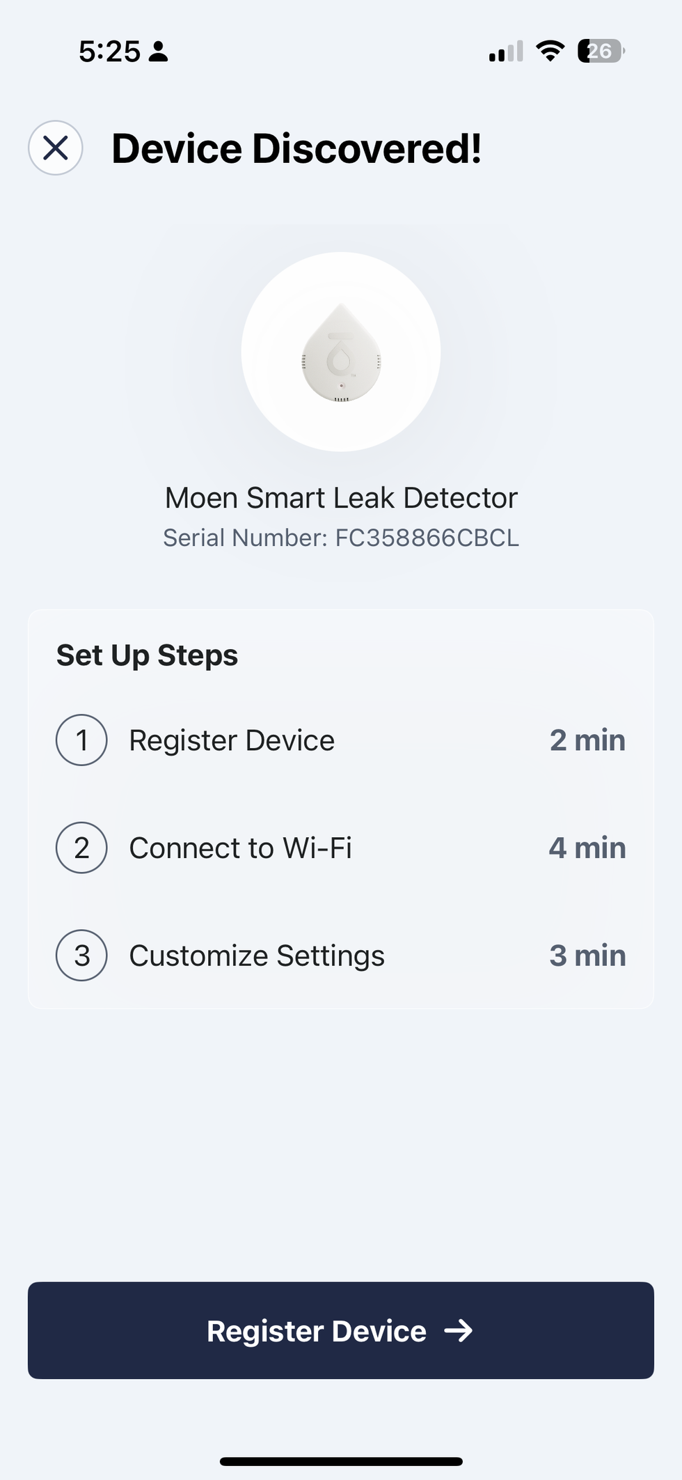 Screenshot of device discovery process in Moen app