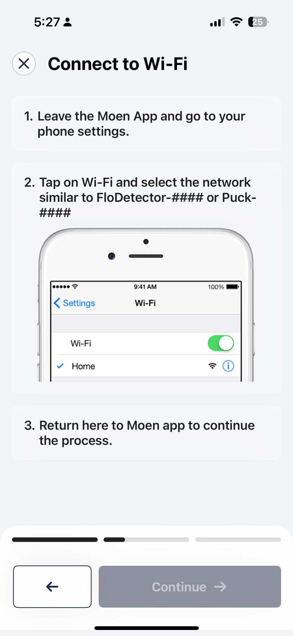 Screenshot of Moen app showing how to pair Moen app with your home Wi-Fi