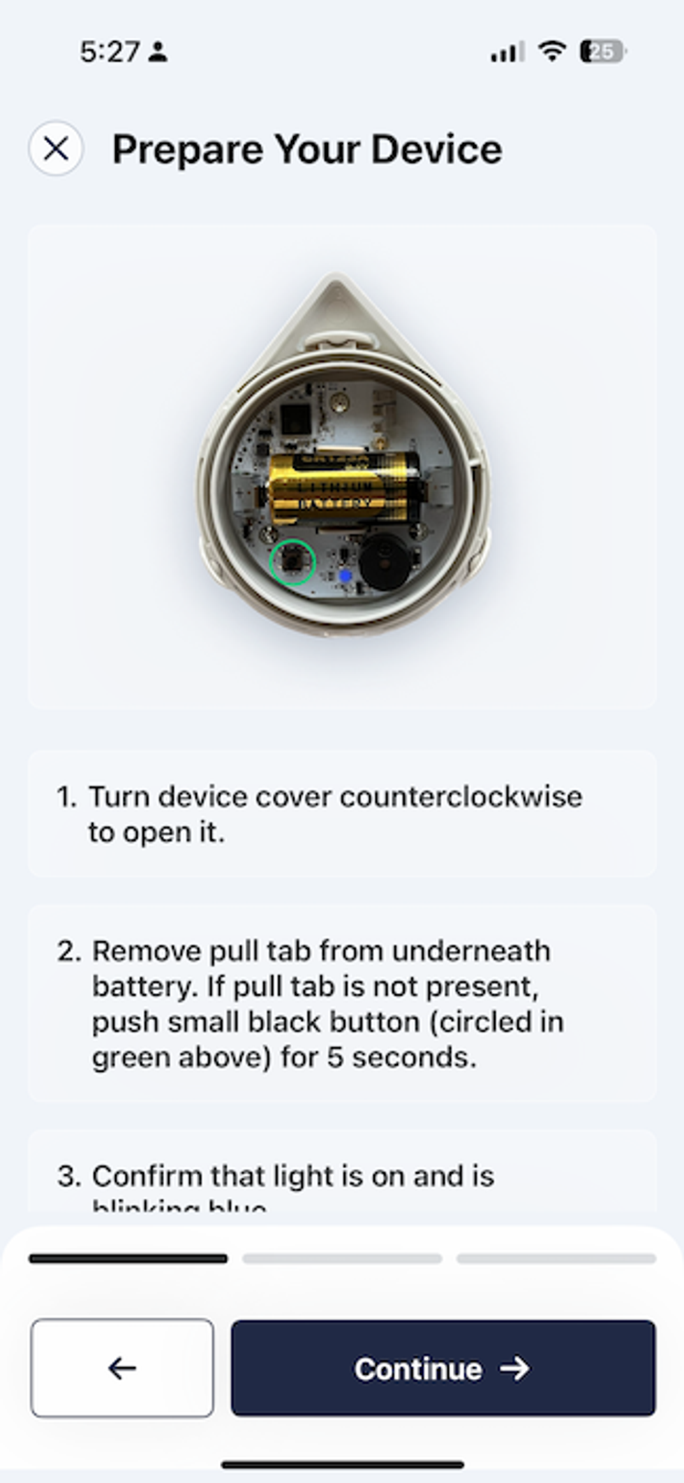 Screenshot in Moen app of preparing to connect leak detector to the app
