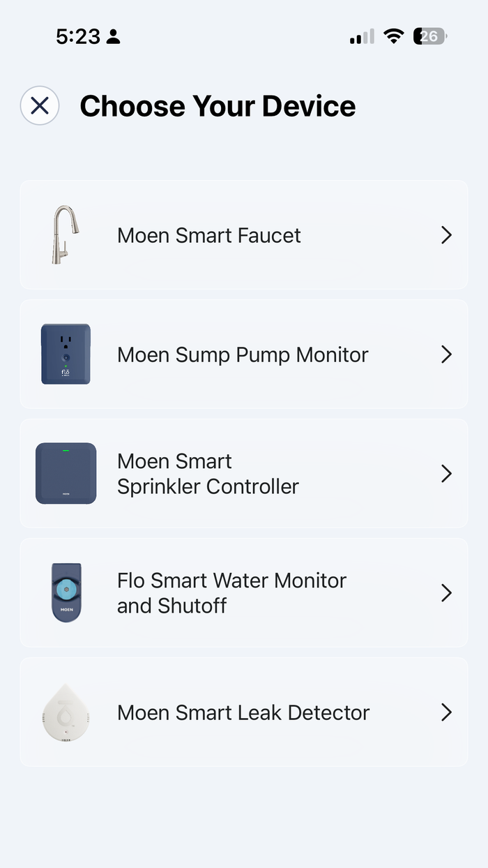Screenshot of Moen app showing Moen Smart Water Products