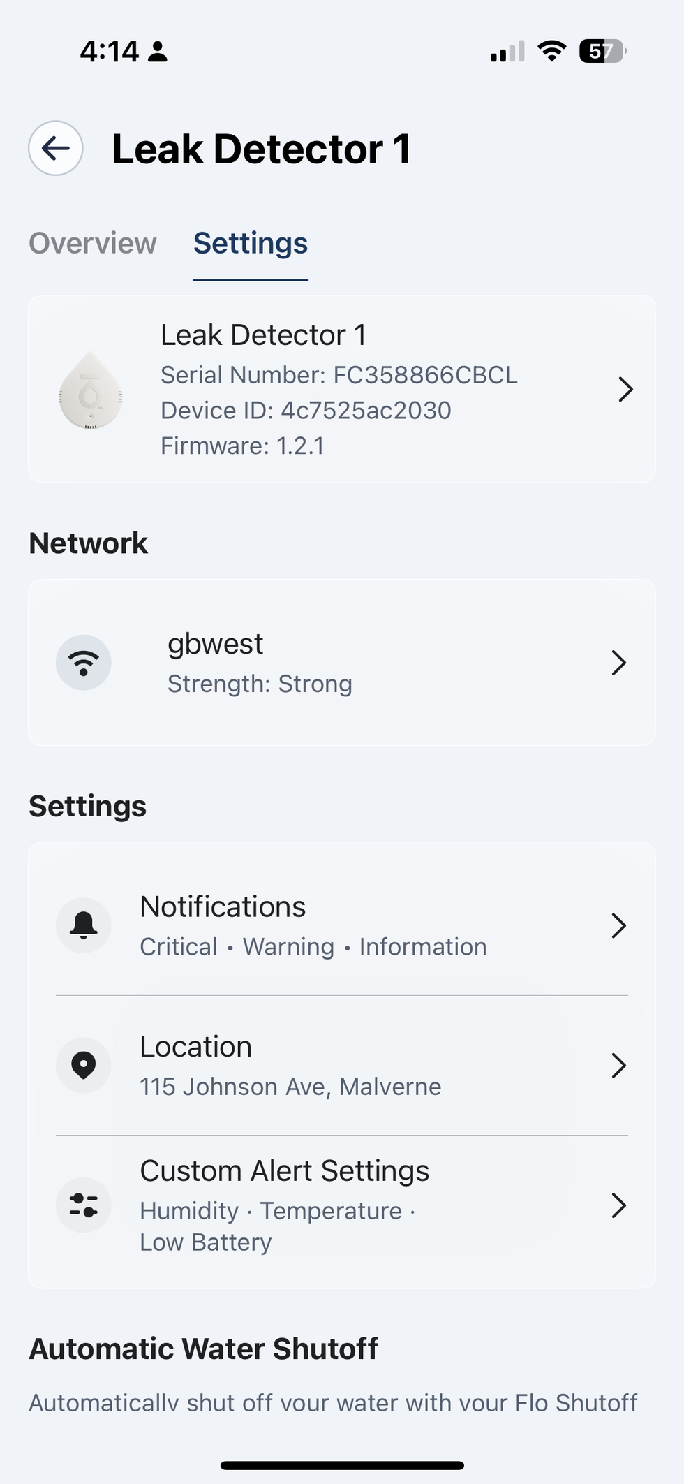 a screenshot of Moen app showing settings for Moen Smart Leak Detector