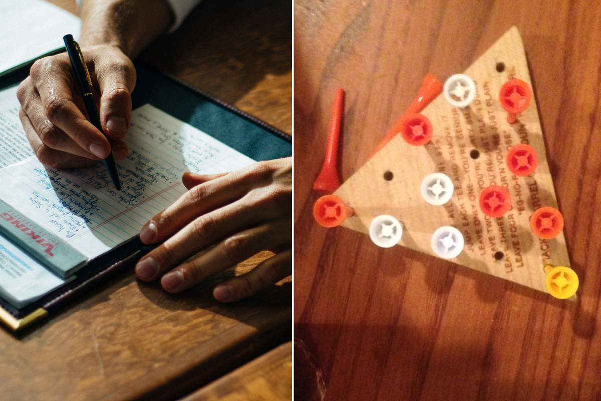 Man writing a note splitscreen with triangle wooden peg game