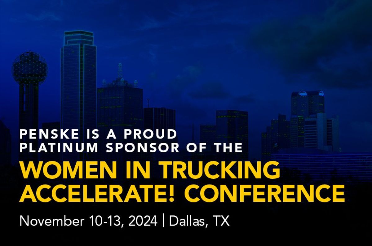 A graphic featuring a cityscape background with the following text: Penske is a proud sponsor of the Women in Trucking Accelerate! Conference. November 10 - 13, 2024, Dallas, Texas.