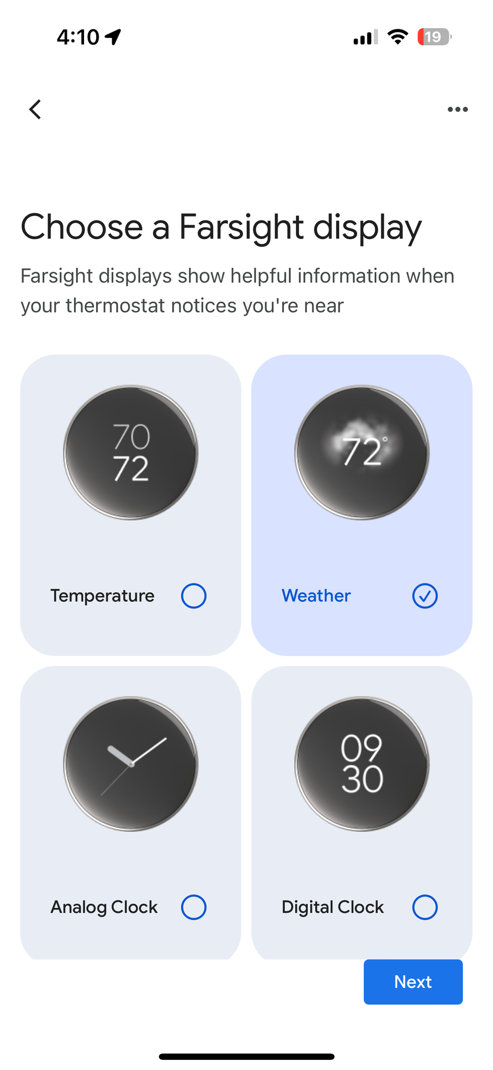 screenshot of Google Home app showing Dynamic Farsight screens for Nest Learning Thermostat 4th Gen.