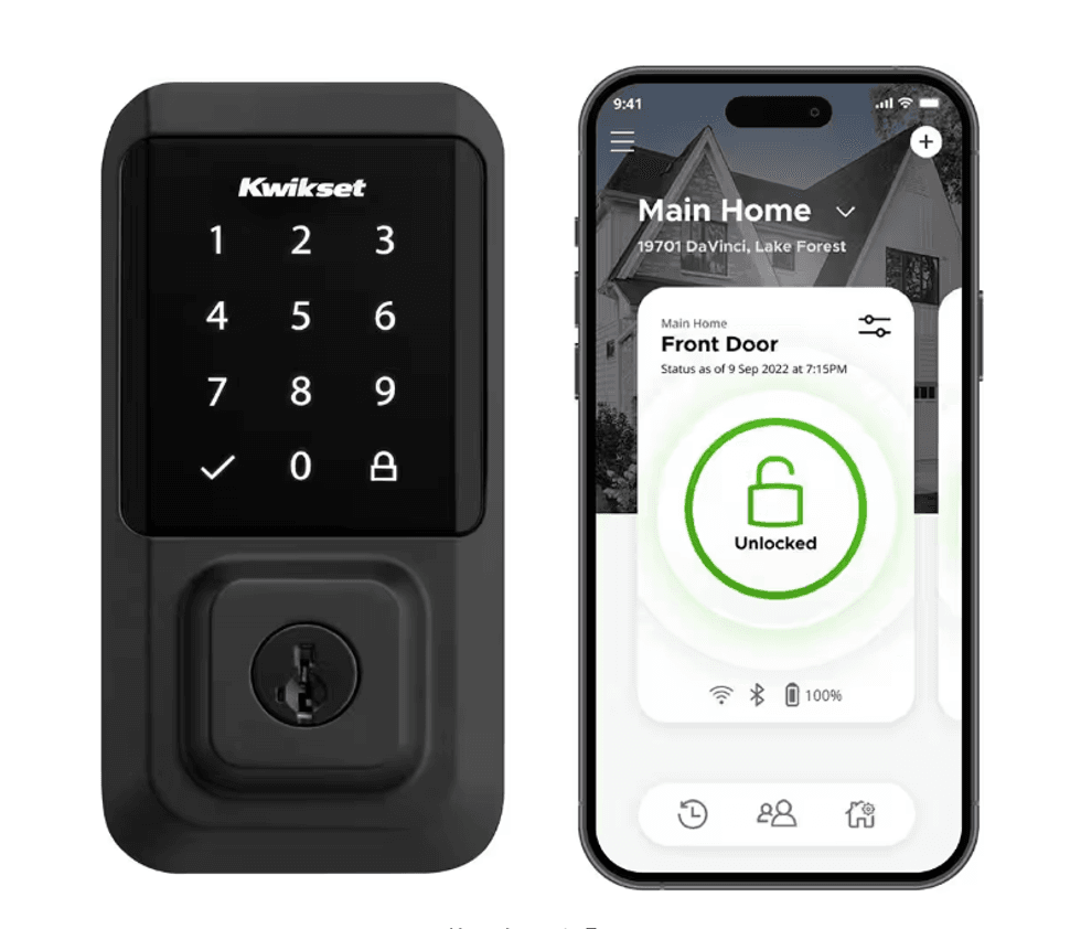 a product shot of Kwikset HALO WiFi Smart Lock Deadbolt with Halifax Square Lever