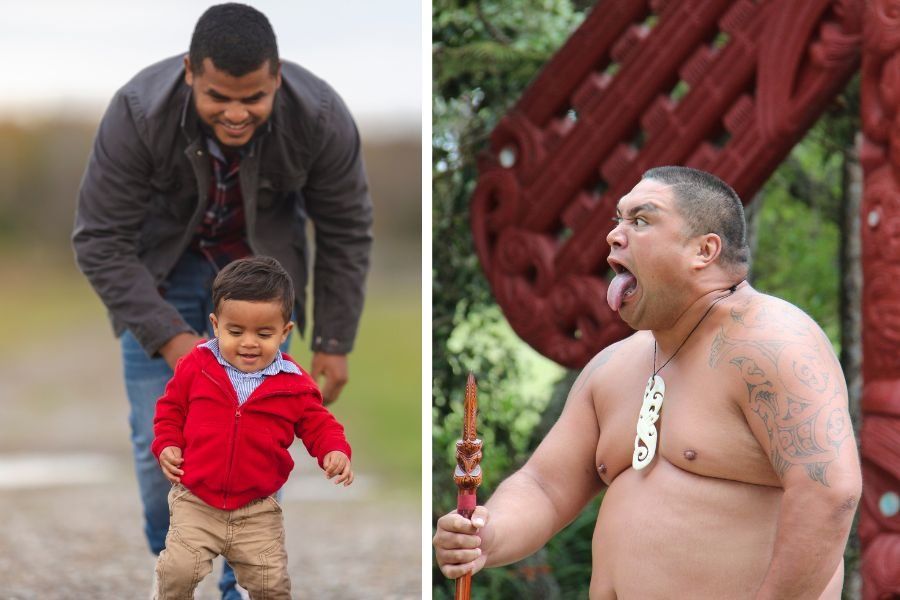 man and child walking; Māori man performing the haka 