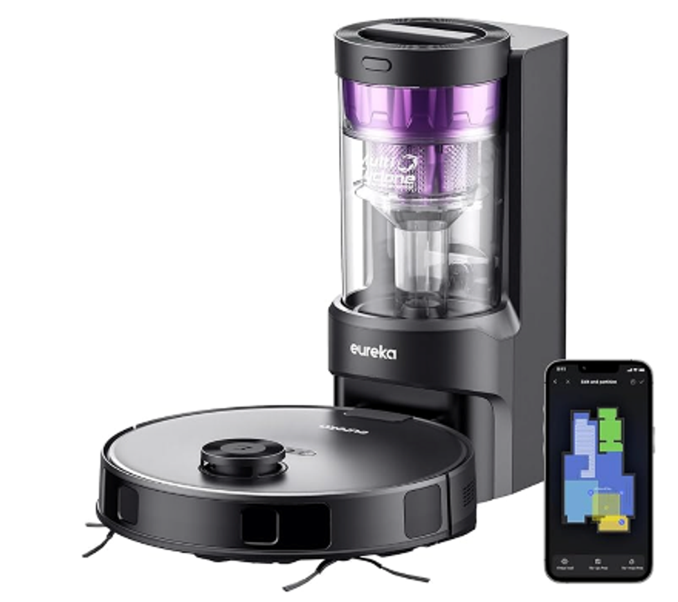 product shot of Eureka E10s robot vacuum and self-empt
