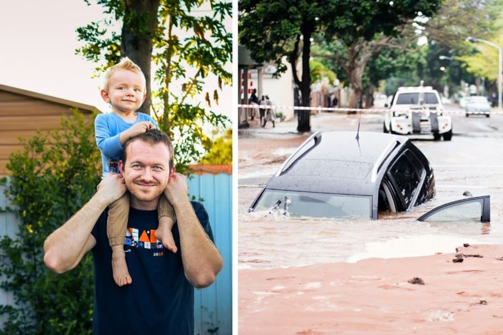 Dad who can't swim rescues his toddler when their car is engulfed by flood waters