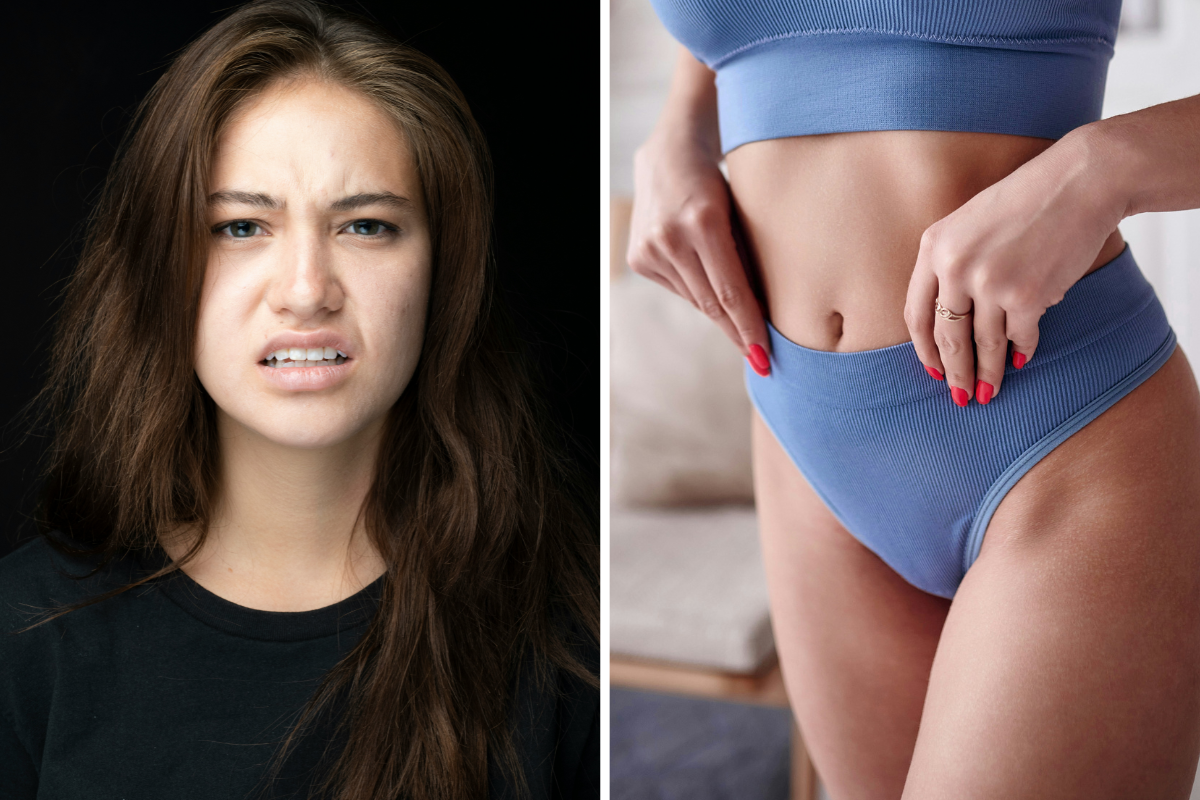 Woman making grossed out face on left, on right a woman in underwear