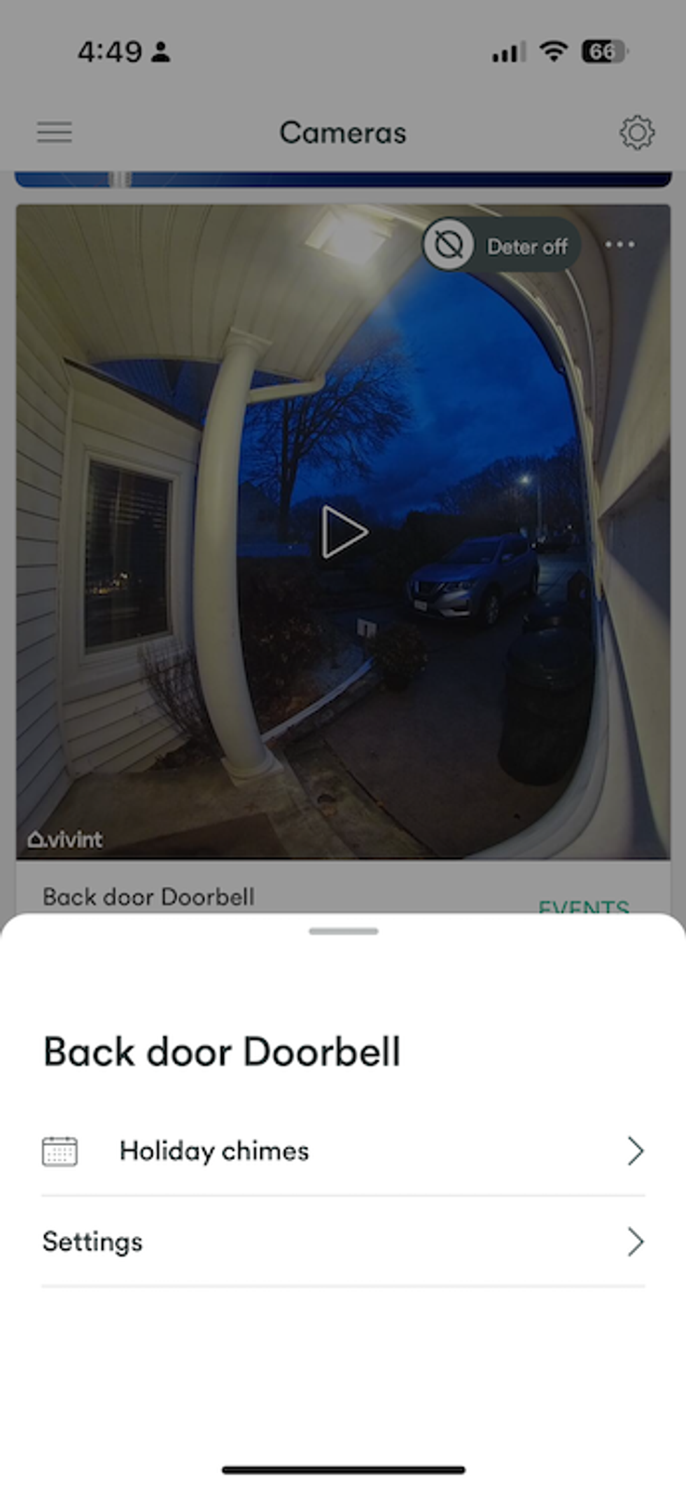 a screenshot of Vivint app showing chime settings for Vivint Video Doorbell