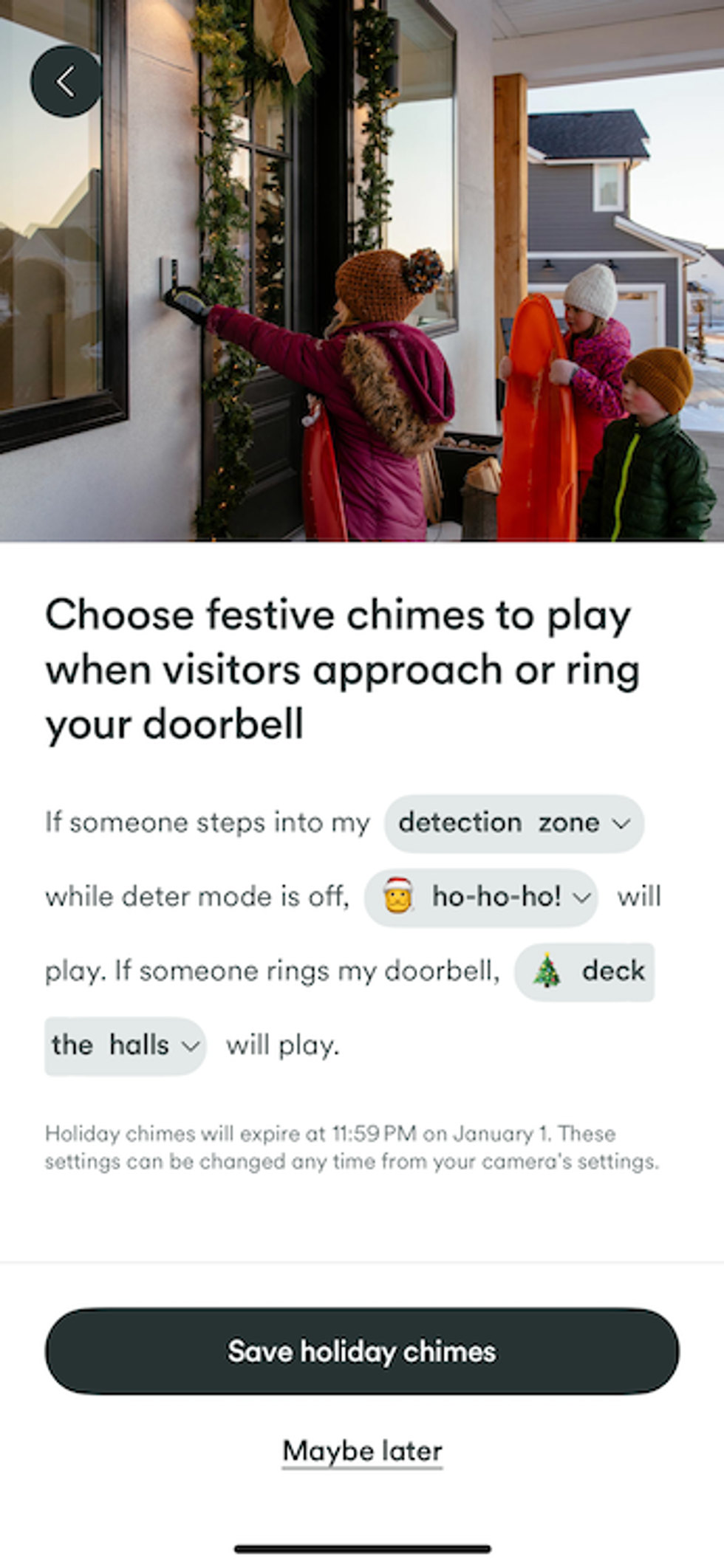 Vivint app showing how to setup holiday chimes