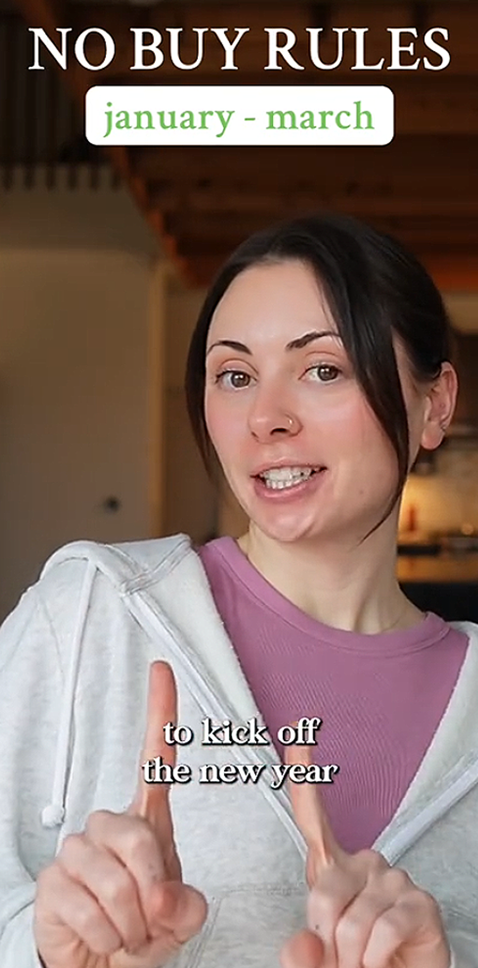 Person discussing "No Buy Rules" from January to March, with text overlay.