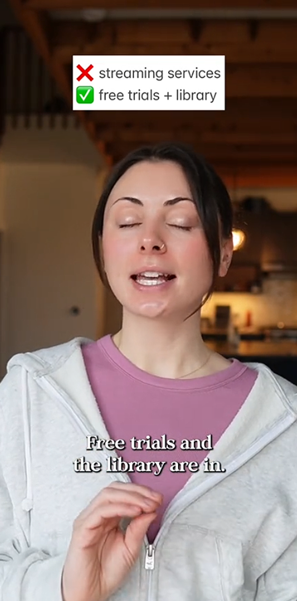 Person discussing alternatives to streaming; text about free trials and library.