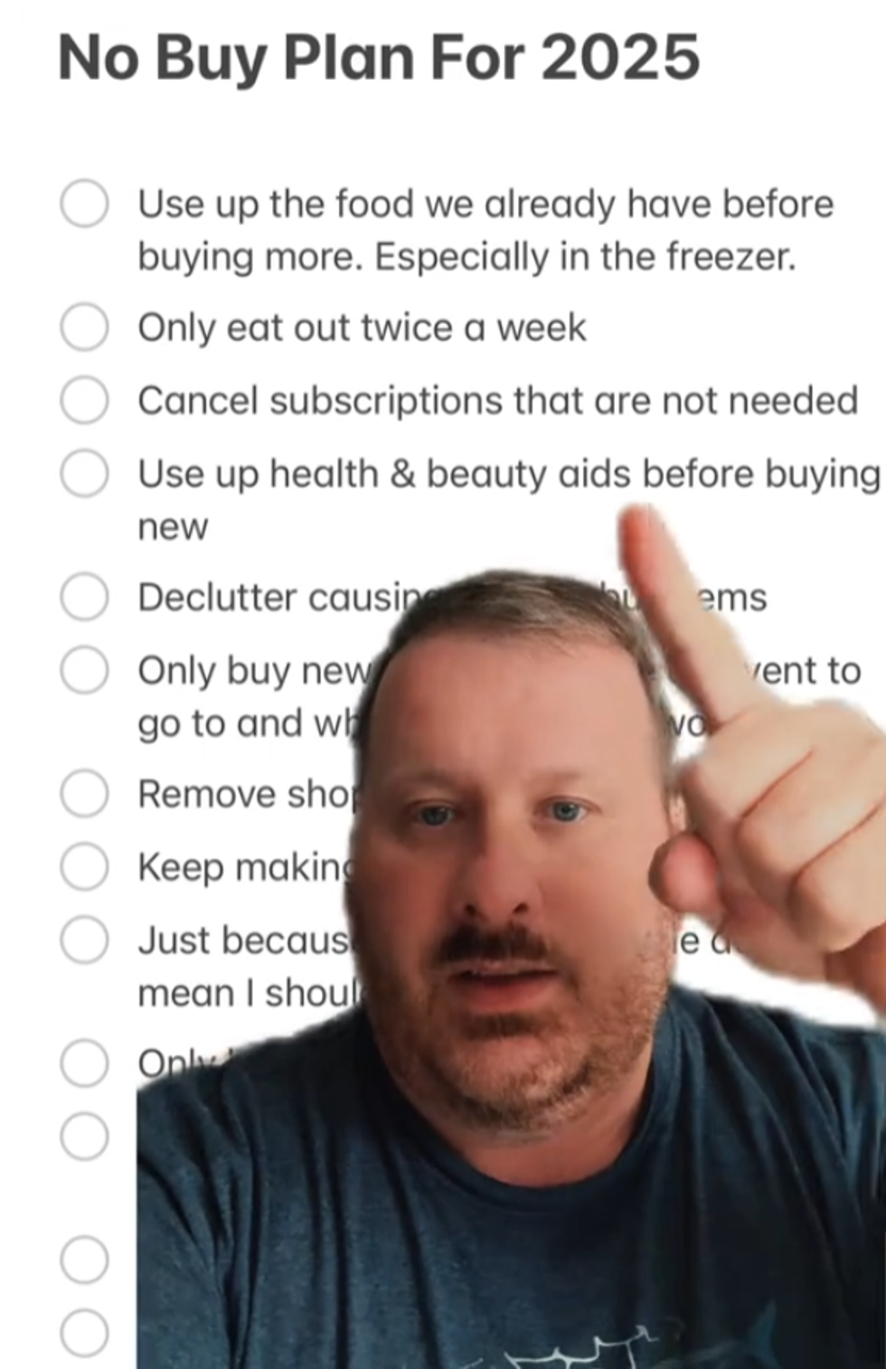 Man pointing at a "No Buy Plan for 2025" checklist.