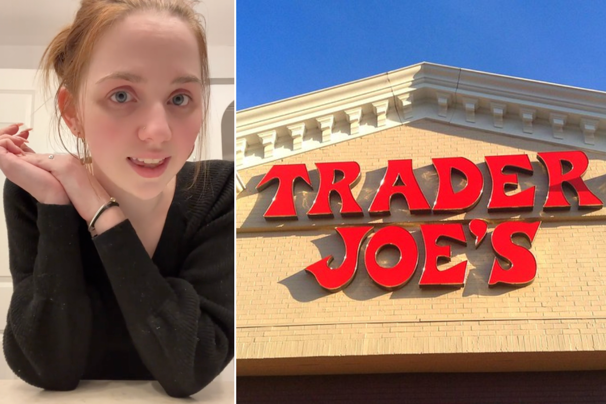 woman talking to camera, trader joe's sign