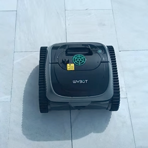 product shot of WYBOT S2 Pro with Charging Dock High-end Cordless Robotic Pool Cleaner on a pool deck