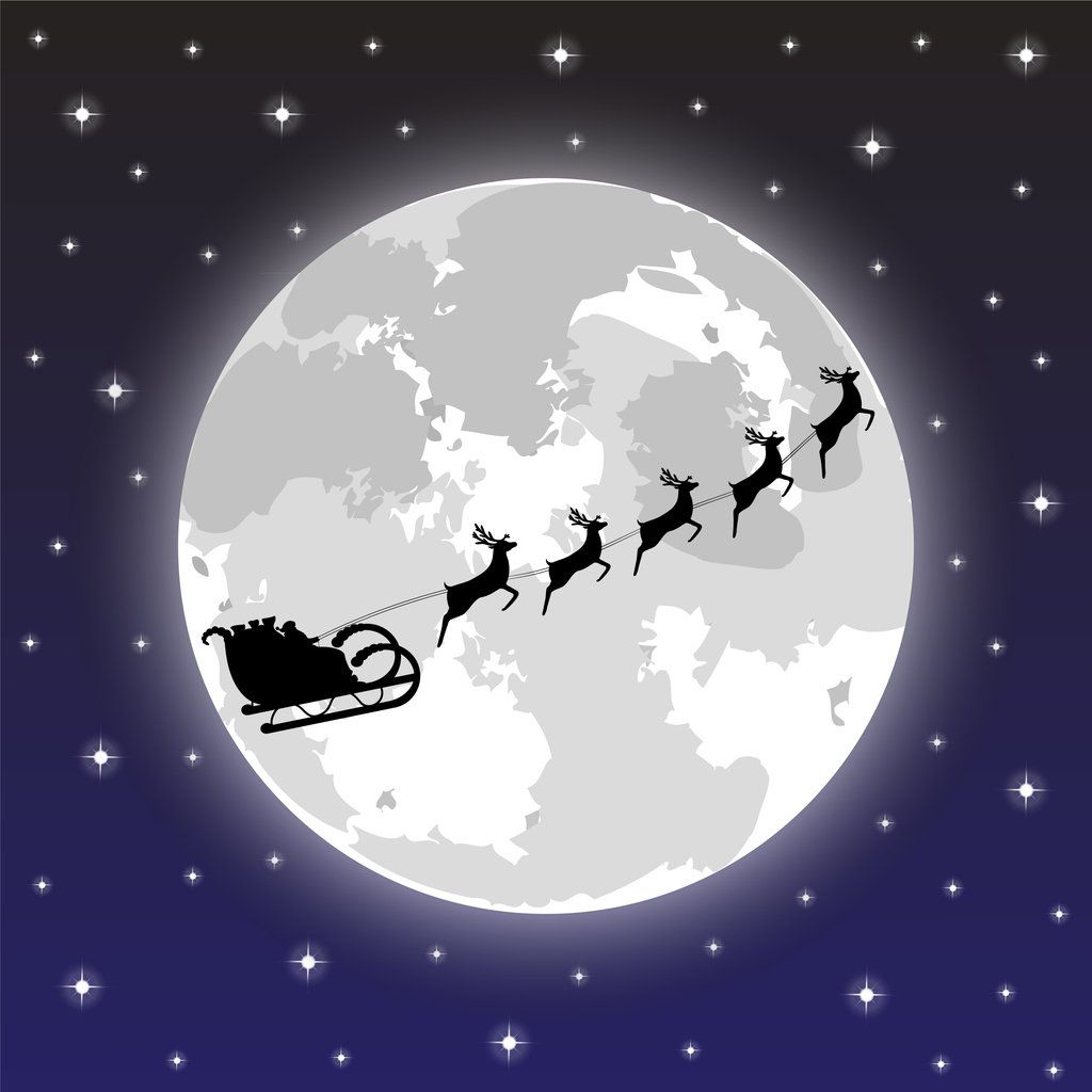 a photo of Santa Claus and his reindeer flying with the moon in the background