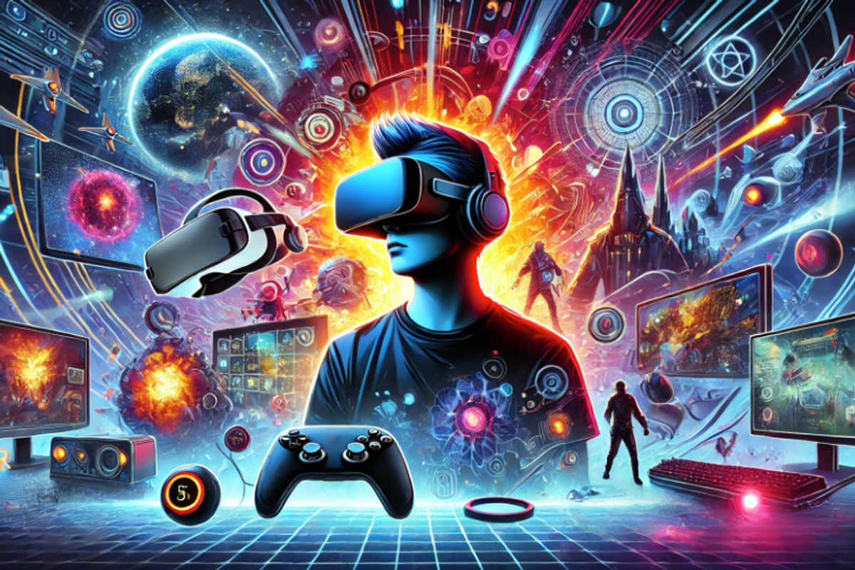 an illustration of a boy wearing VR Headset with virtual images surrounding him.