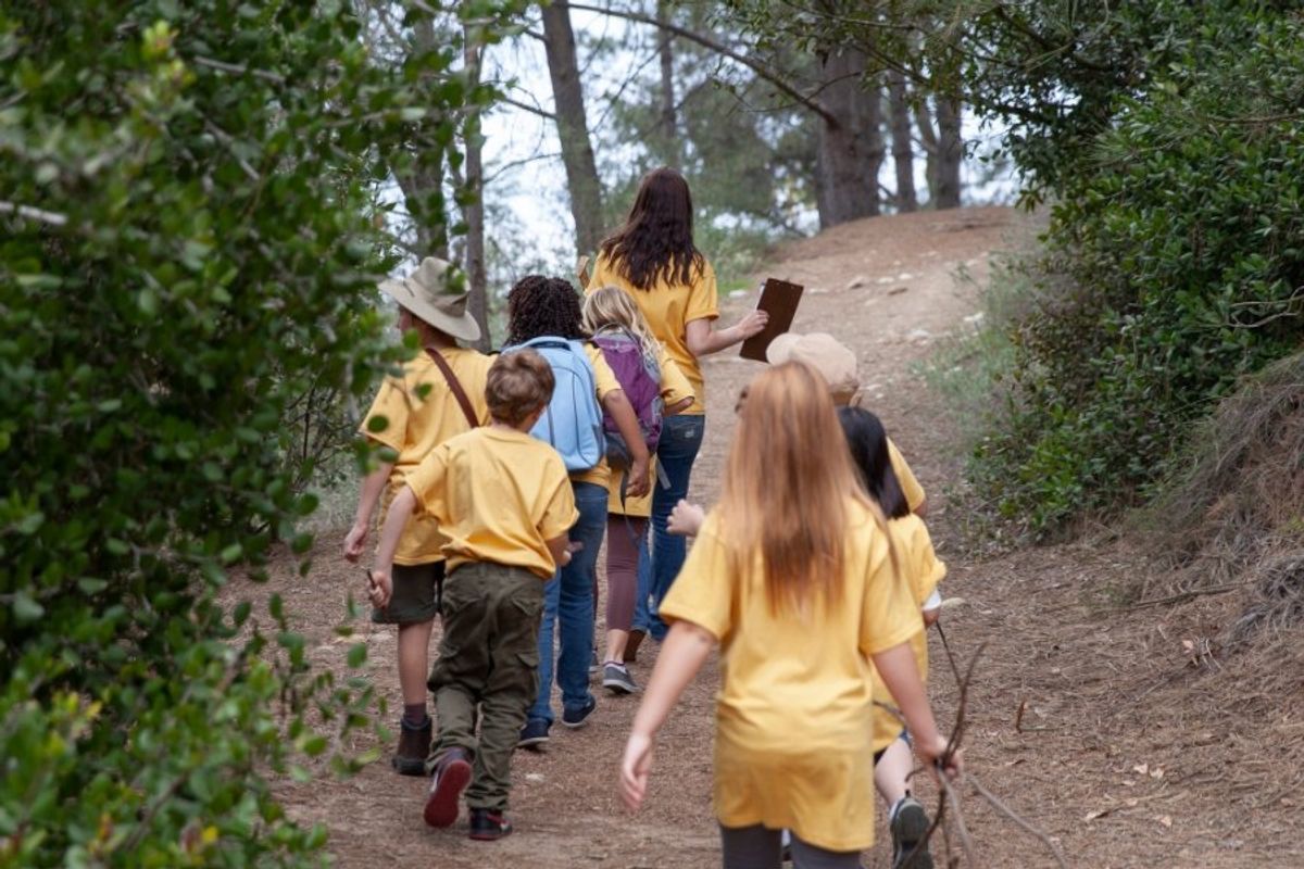 kids campers hiking in the woods
