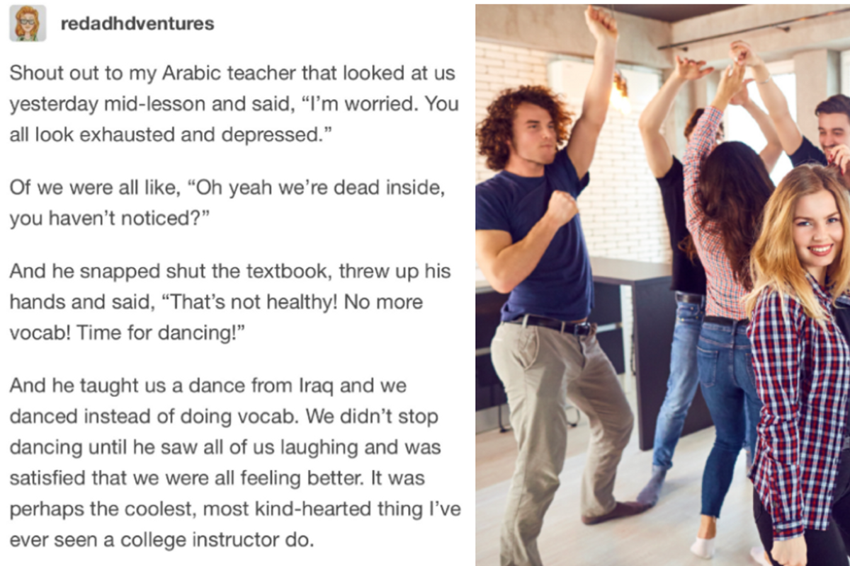 Social media post next to a picture of college students dancing