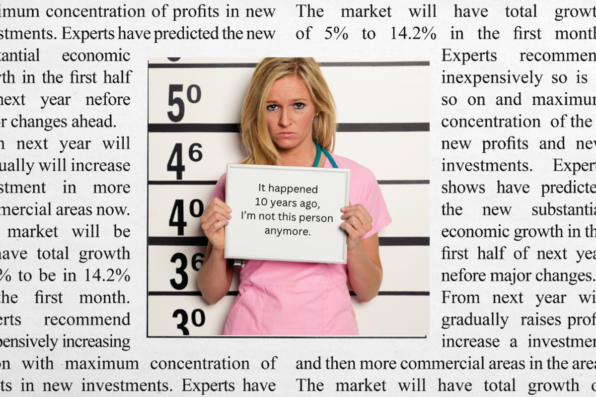 A newspaper story with a mugshot photo with a woman holding a sign saying that "It happened 10 years ago, I'm not this person anymore."