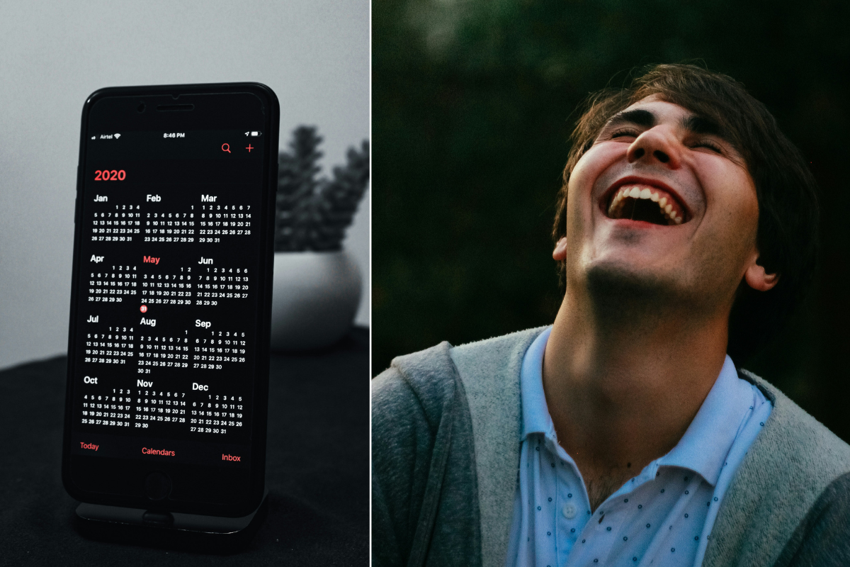 calendar on phone and man laughing