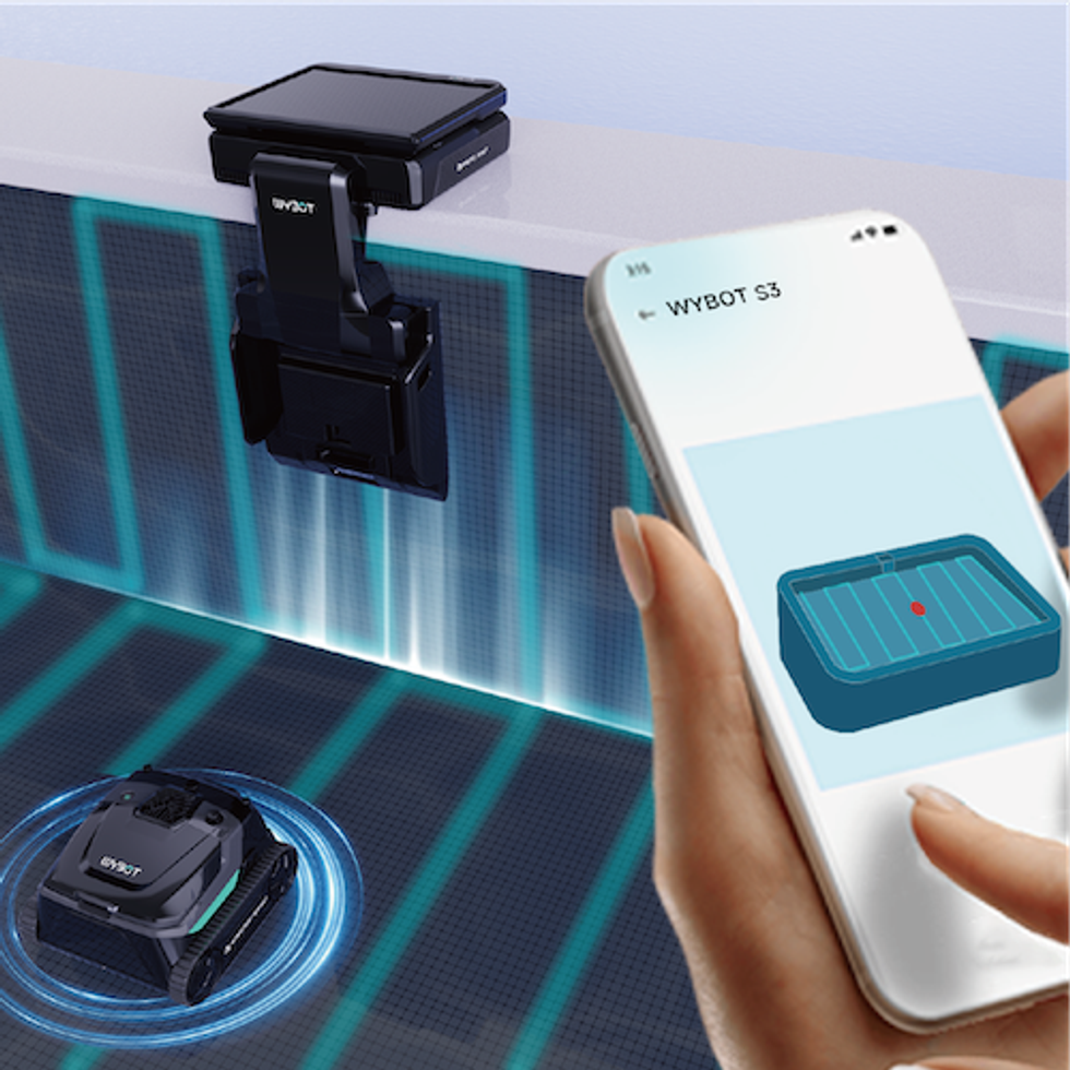 a photo of a smartphone controlling the wybot robot pool cleaner while it's underwater.