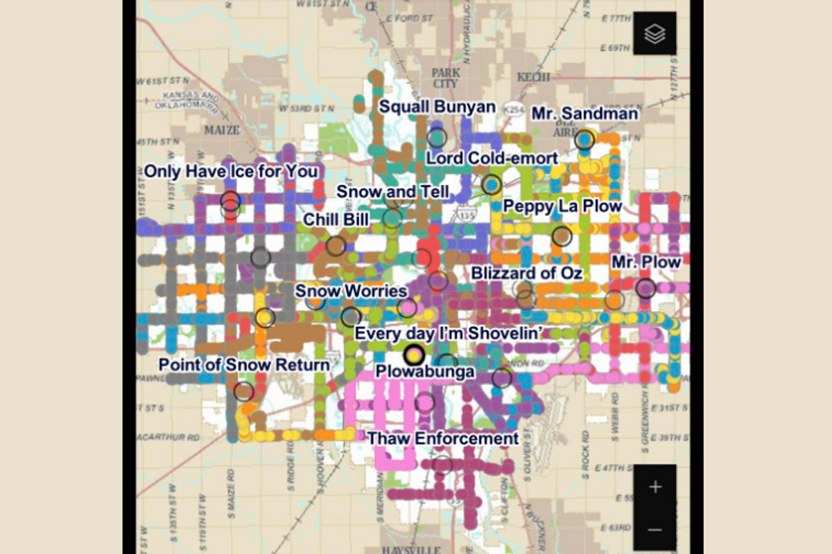map of wichita, kansas, with the names of a dozen or so snow plows