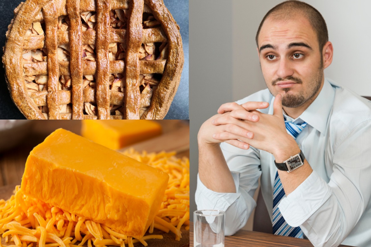 A composite image of an applie pie, a block of cheddar cheese, and an intrigued-looking businessperson