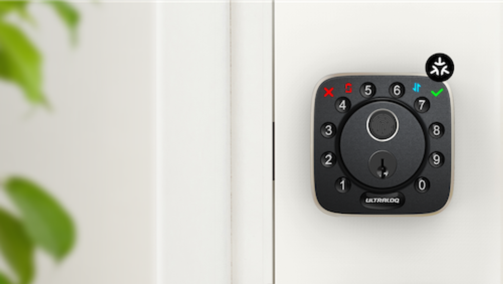 a photo of ULTRALOQ Bolt Fingerprint Matter smart lock on a door with Matter Logo