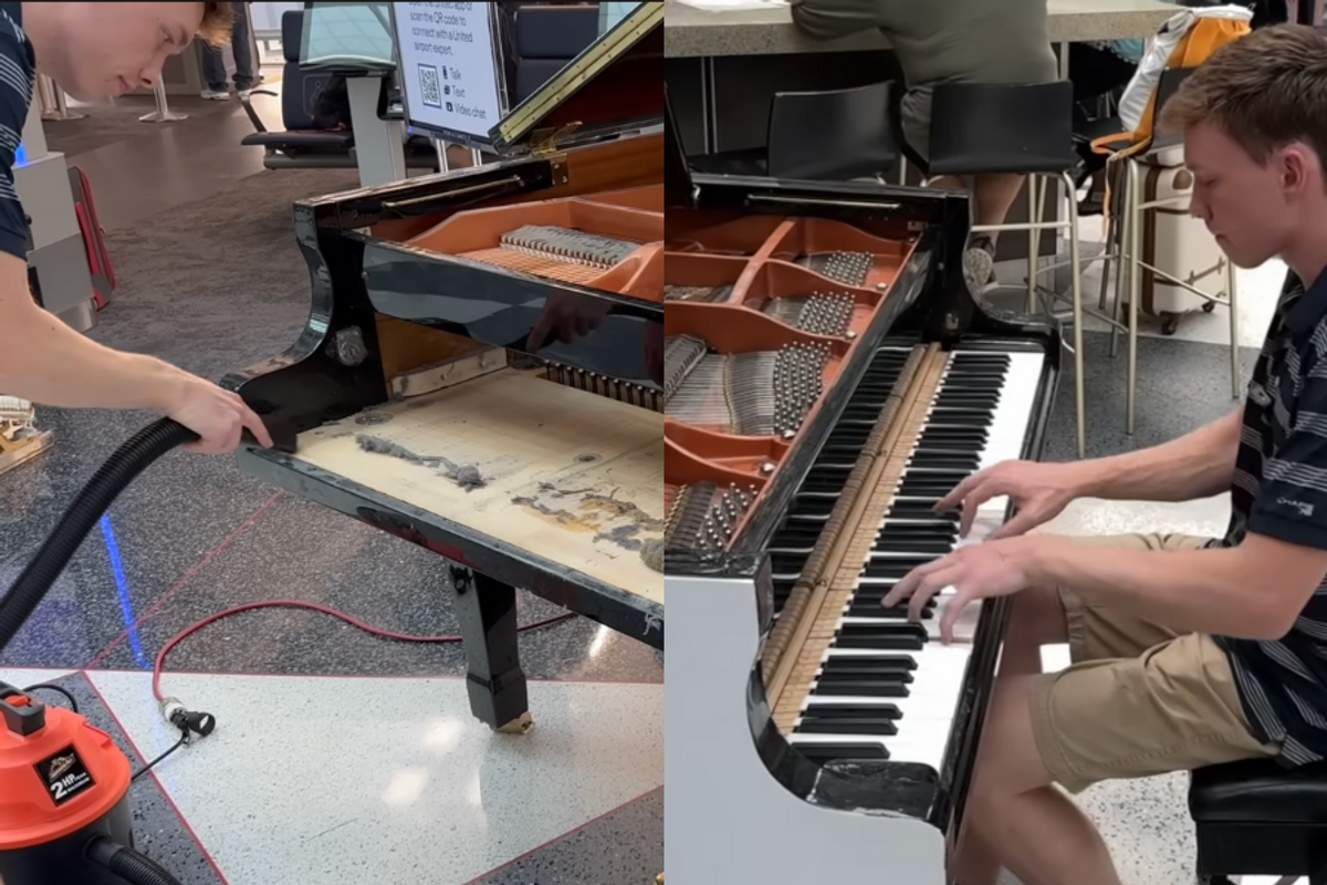 YouTuber The Piano Doctor works on the airport piano and then plays it