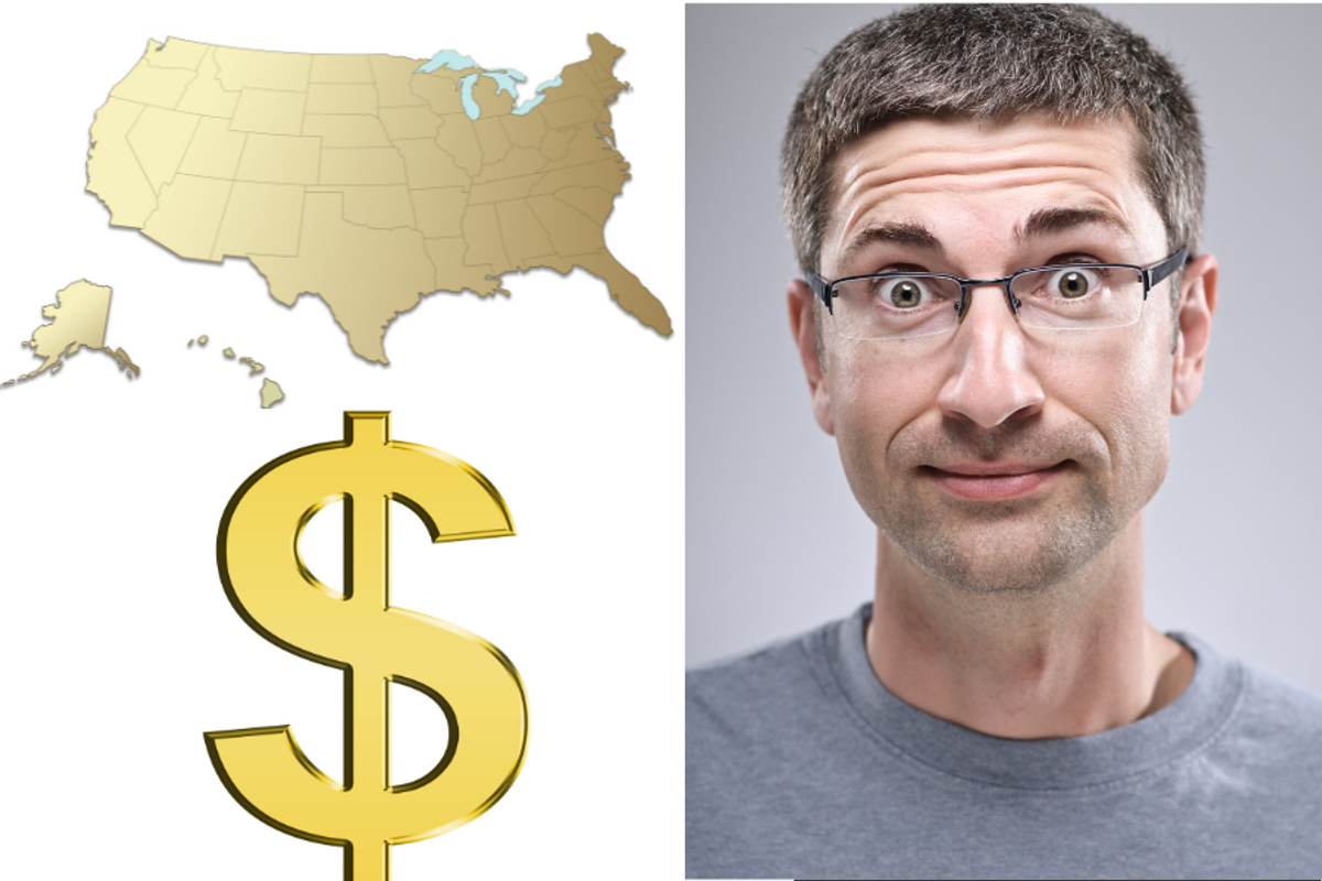 The U.S. map, a dollar sign, and a surprised-looking man