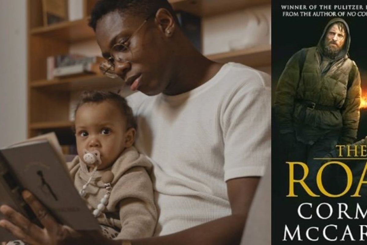 Man reading while a baby sits on his lap next to an image of the book cover of The Road