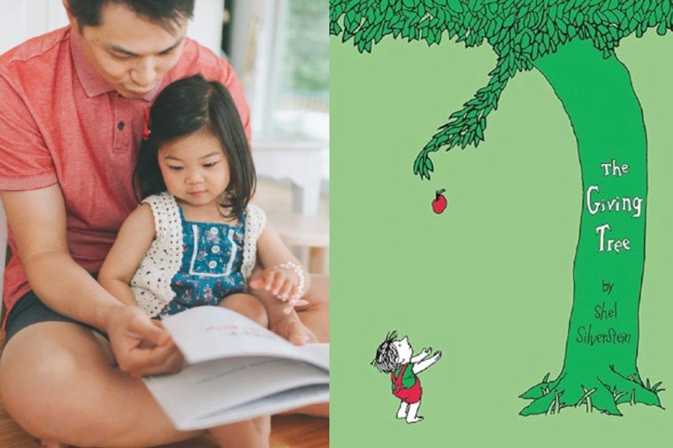 Dad reading to daughter on his lap next to an image of the book cover for The Giving Tree