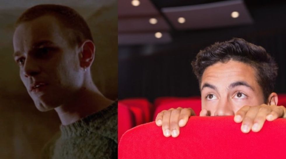A scene from Trainspotting and a man hiding behind a movie theater seat.