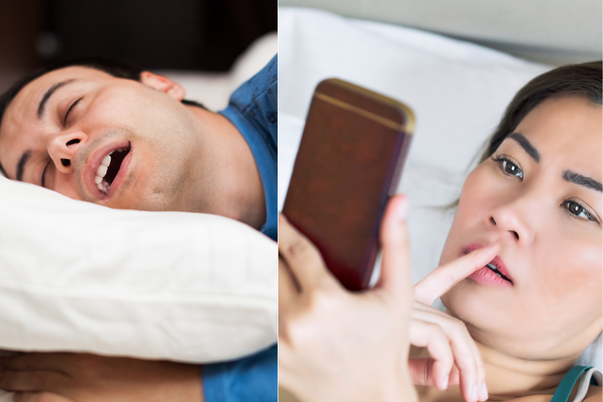 A person sleeping and a person looking at their phone in bed